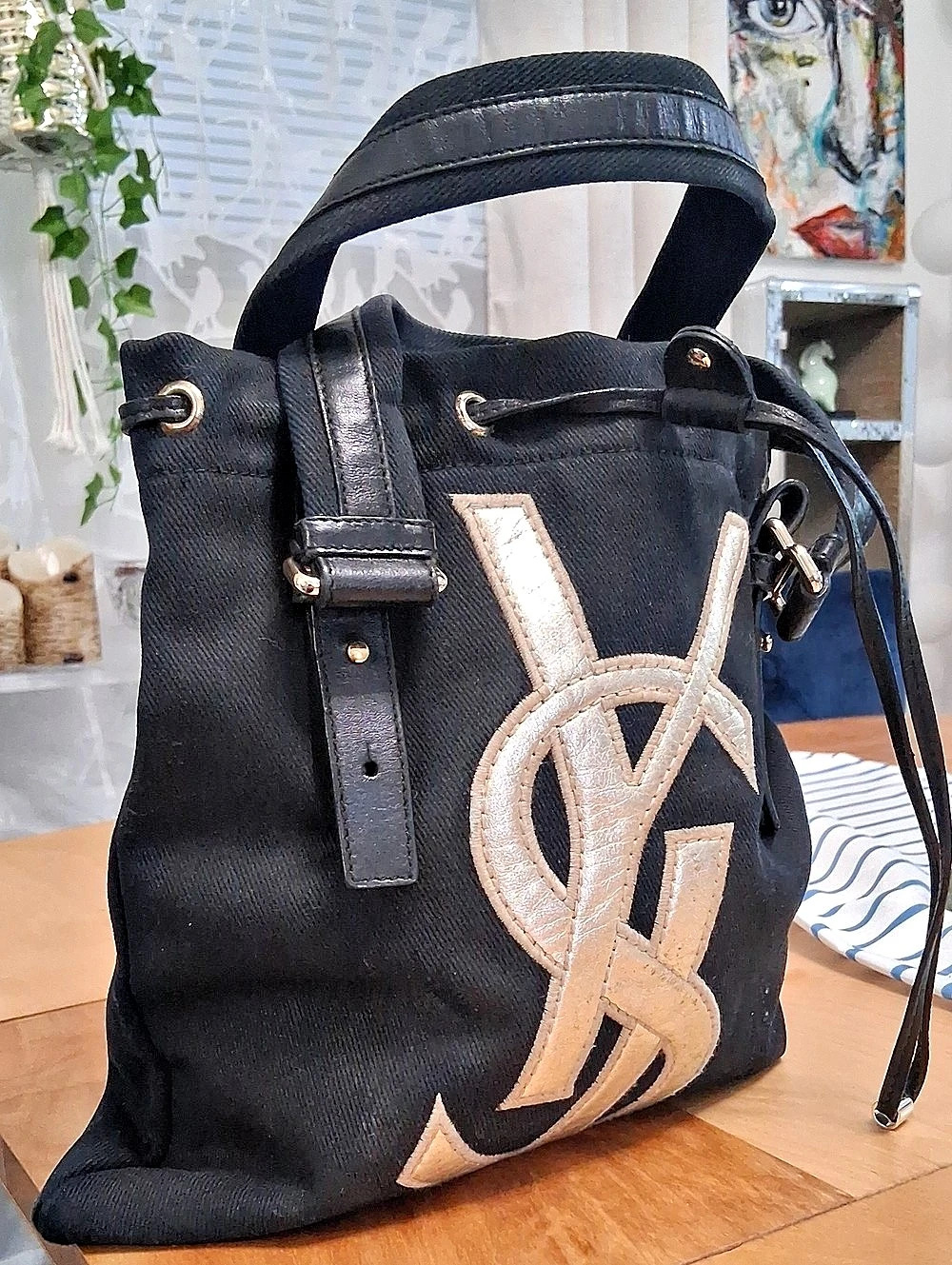 Yves Saint Laurent Black Canvas Kahala Tote Bag in Black & Gold